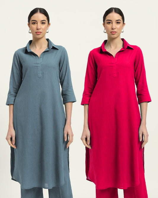 Combo: Blue Dawn & Queens Gulabi Collar Comfort Solid Kurta