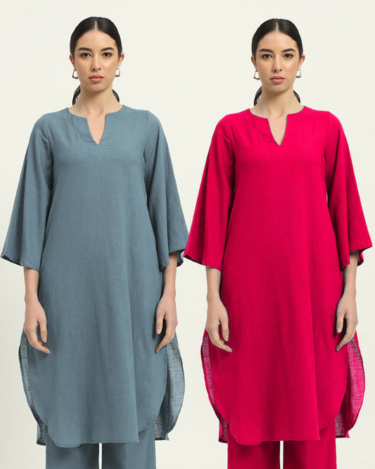 Combo: Blue Dawn & Queen's Gulabi Rounded Reverie Solid Kurta