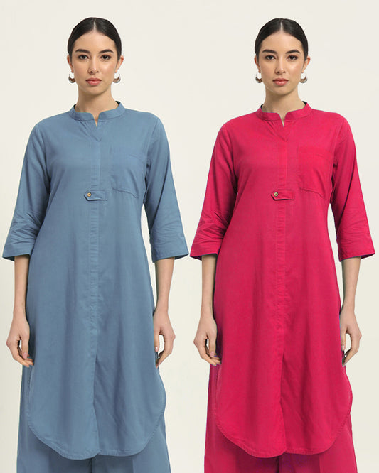 Combo: Blue Dawn & Queen's Gulabi Urban Retreat Band Collar Kurta