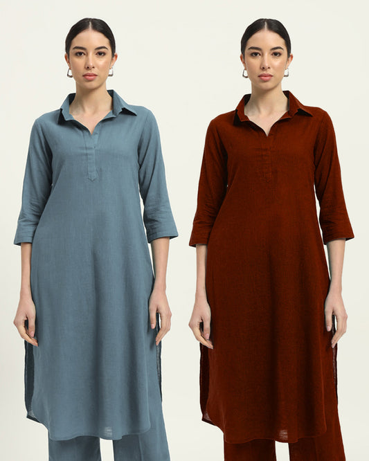 Combo: Blue Dawn & Russet Red Collar Comfort Solid Kurta