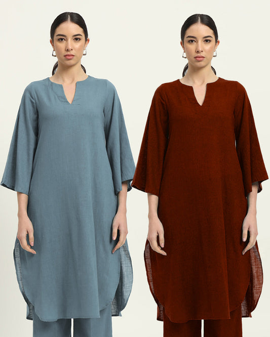 Combo: Blue Dawn & Russet Red Rounded Reverie Solid Kurta