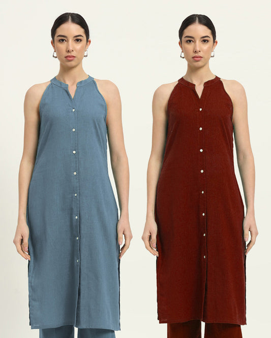 Combo: Blue Dawn & Russet Red Mermaid Button Down Solid Kurta