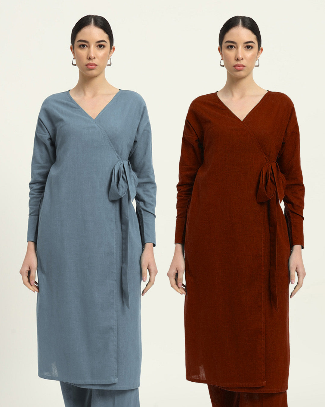 Combo: Blue Dawn & Russet Red Boho Harmony Flared Solid Kurta