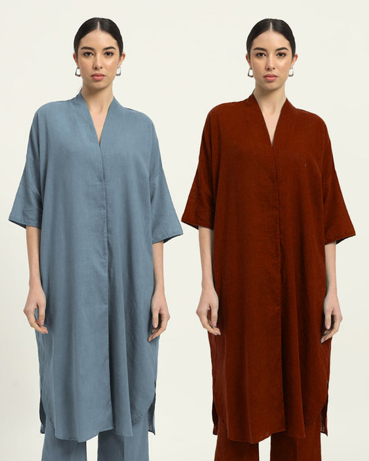 Combo: Blue Dawn & Russet Red Serene Sojourn V Neck Solid Kurta