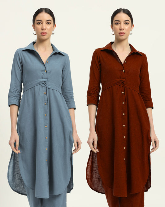 Combo: Blue Dawn & Russet Red Bellisimo Belted Solid Kurta