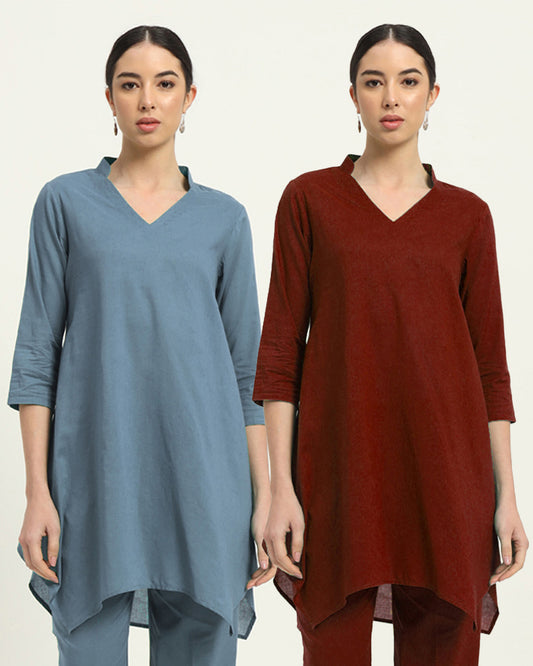 Combo: Blue Dawn & Russet Red Fresh Fusion Collar V Solid Kurta