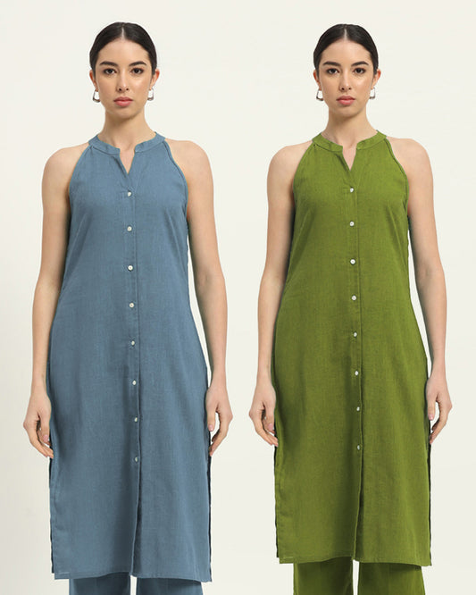 Combo: Blue Dawn & Sage Green Mermaid Button Down Solid Kurta