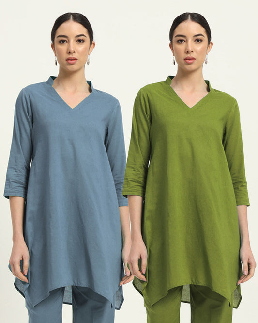 Combo: Blue Dawn & Sage Green Fresh Fusion Collar V Solid Kurta