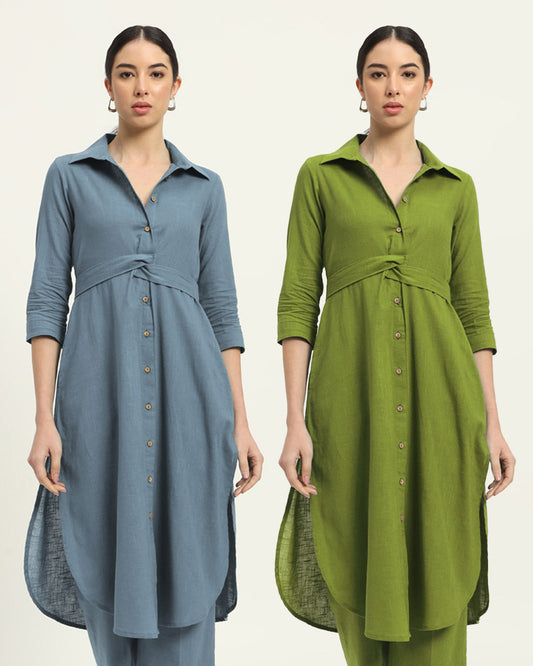 Combo: Blue Dawn & Sage Green Bellisimo Belted Solid Kurta