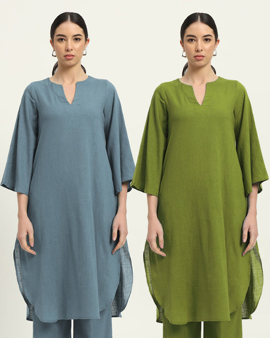 Combo: Blue Dawn & Sage Green Rounded Reverie Solid Kurta