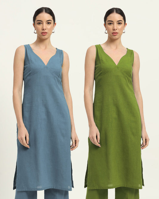 Combo: Blue Dawn & Sage Green Modern Muse Sweetheart Solid Kurta