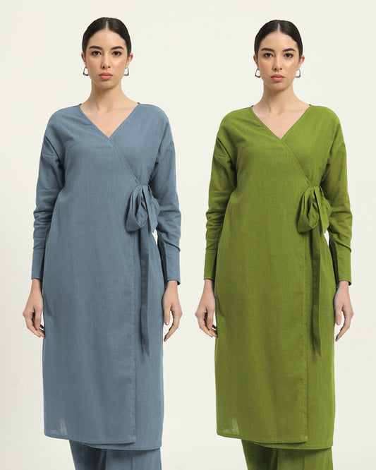 Combo: Blue Dawn & Sage Green Boho Harmony Flared Solid Kurta