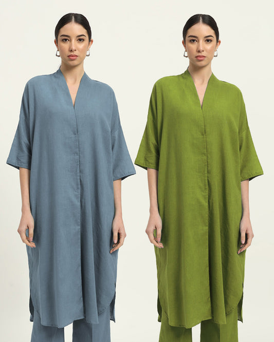 Combo: Blue Dawn & Sage Green Serene Sojourn V Neck Solid Kurta