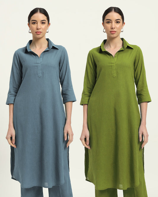 Combo: Blue Dawn & Sage Green Collar Comfort Solid Kurta