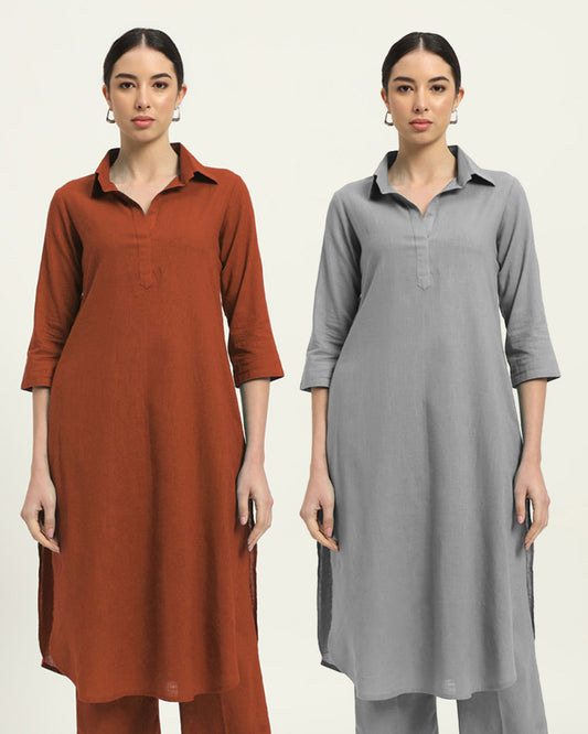 Combo: Blush & Iced Grey Collar Comfort Solid Kurta