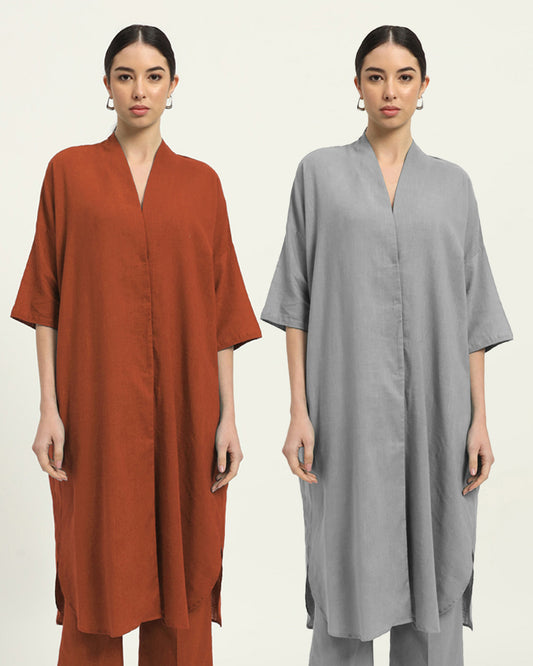 Combo: Blush & Iced Grey Serene Sojourn V Neck Solid Kurta