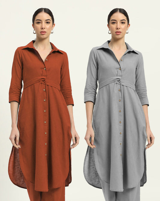 Combo: Blush & Iced Grey Bellisimo Belted Solid Kurta