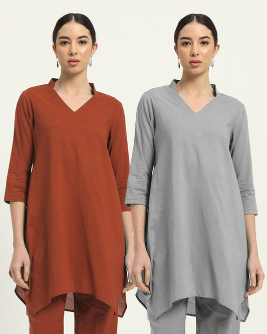 Combo: Blush & Iced Grey Fresh Fusion Collar V Solid Kurta