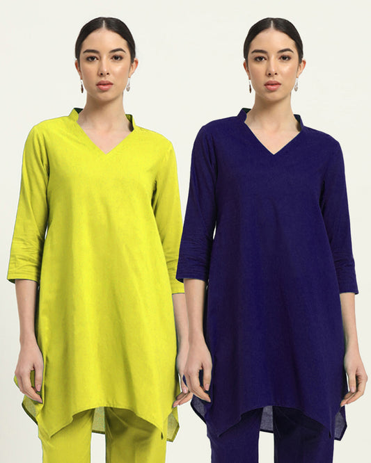 Combo: Burst of Lime & Aurora Purple Fresh Fusion Collar V Solid Kurta