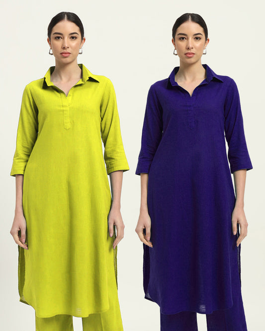 Combo: Burst of Lime & Aurora Purple Collar Comfort Solid Kurta