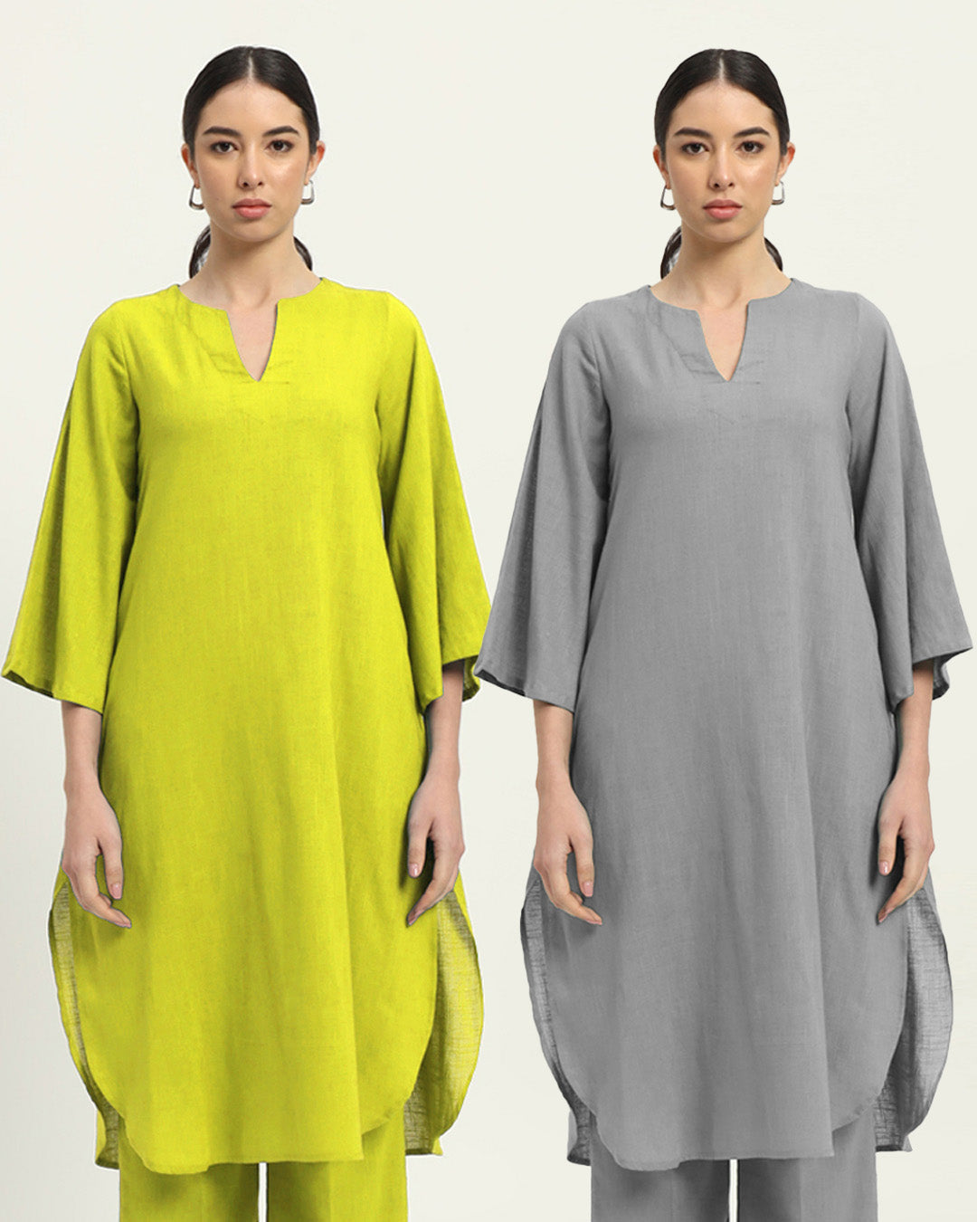 Combo: Burst Of Lime & Iced Grey Rounded Reverie Solid Kurta