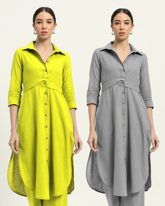 Combo: Burst Of Lime & Iced Grey Bellisimo Belted Solid Kurta