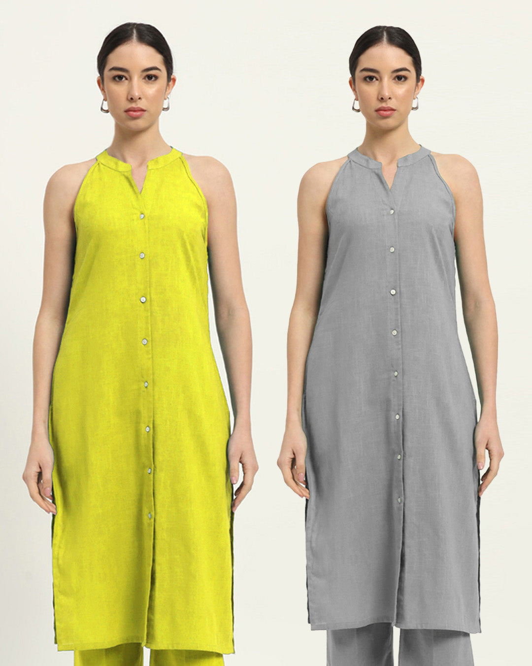 Combo: Burst Of Lime & Iced Grey Mermaid Button Down Solid Kurta