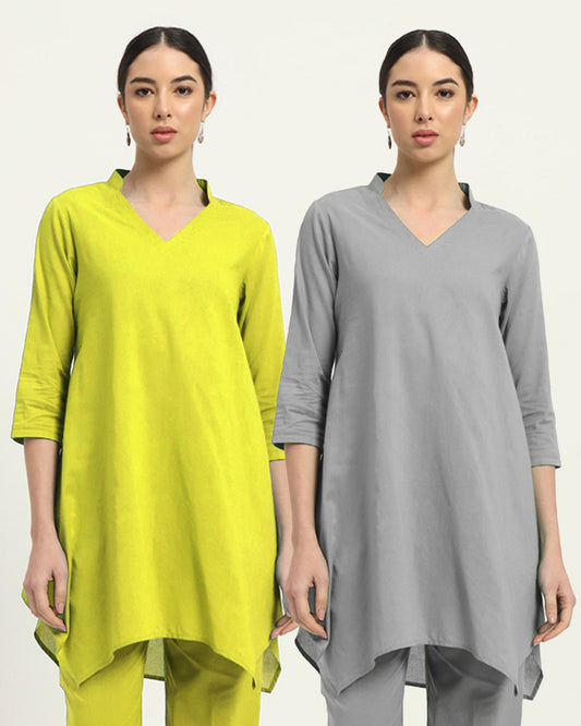 Combo: Burst of Lime & Iced Grey Fresh Fusion Collar V Solid Kurta