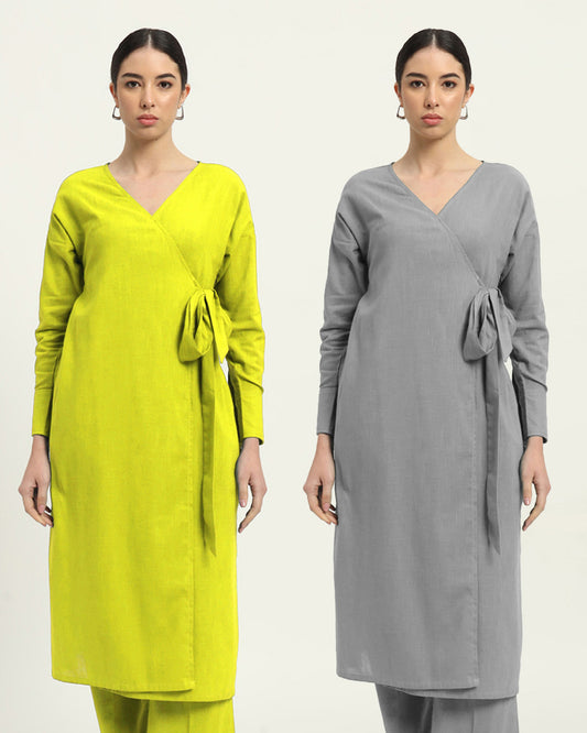 Combo: Burst Of Lime & Iced Grey Boho Harmony Flared Solid Kurta