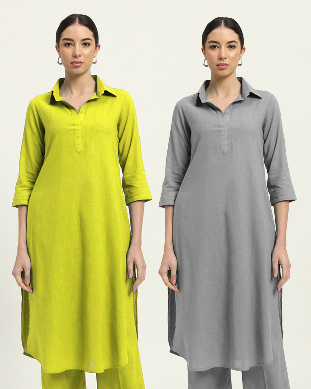 Combo: Burst of Lime & Iced Grey Collar Comfort Solid Kurta