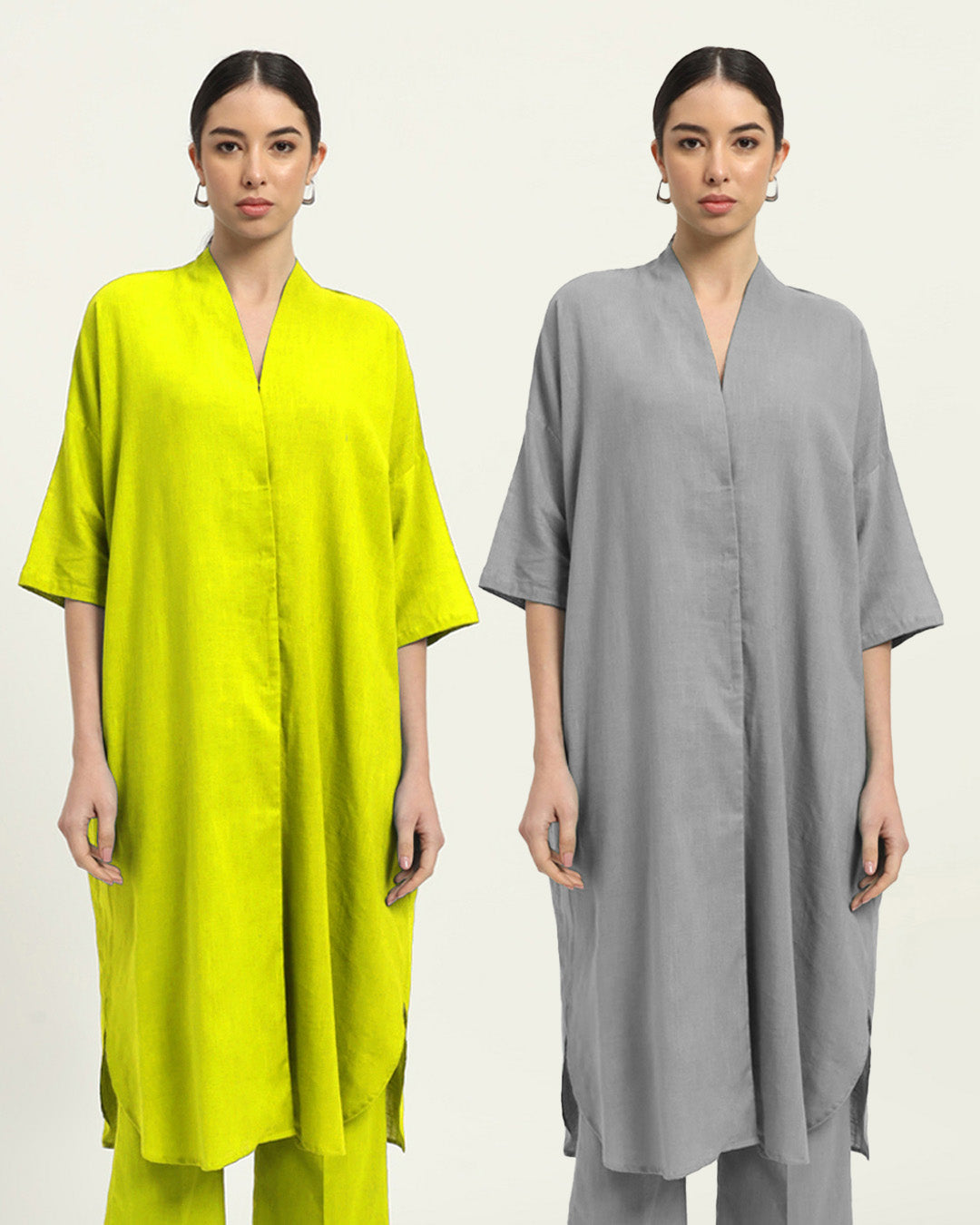 Combo: Burst Of Lime & Iced Grey Serene Sojourn V Neck Solid Kurta