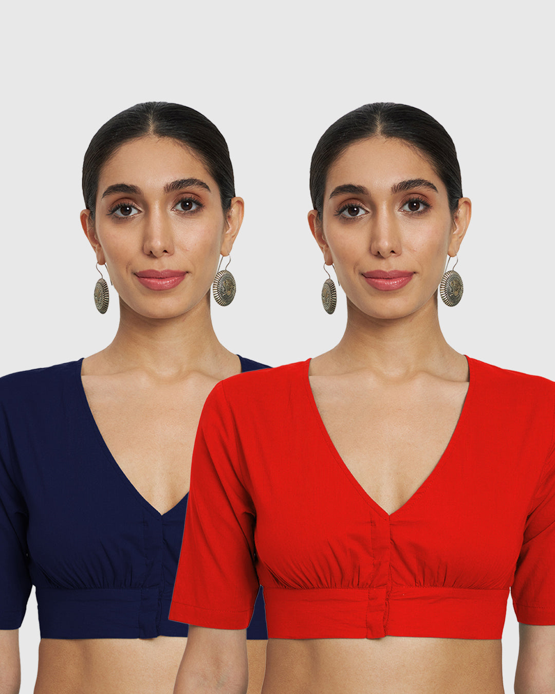 Combo: Midnight Blue & Classic Red V Gathers Blouse- Set of 2