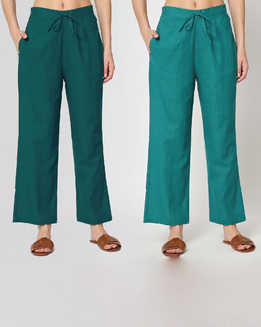 Combo: Deep Teal & Forest Green Straight Pants- Set of 2