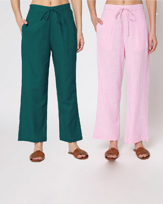 Combo: Deep Teal & Pink Mist Straight Pants- Set of 2