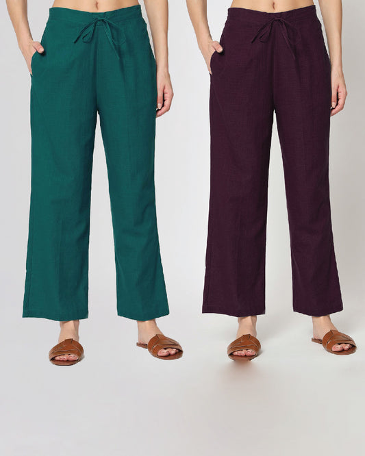 Combo: Deep Teal & Plum Passion Straight Pants- Set of 2