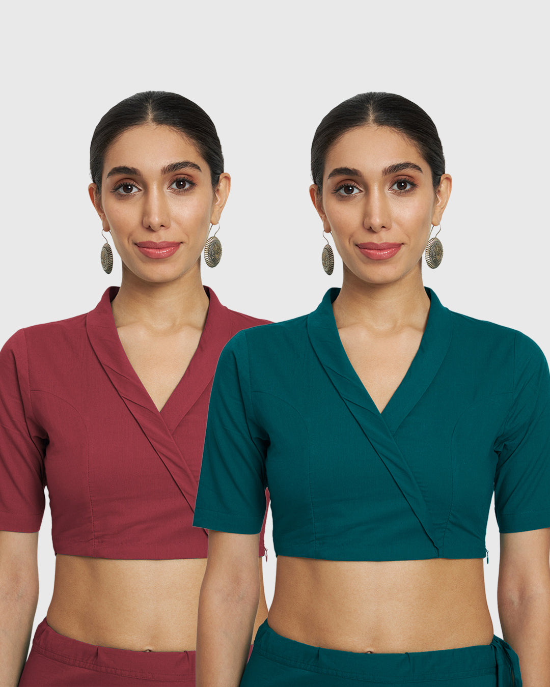 Combo: Classic Red & Deep Teal Wrap Fusion Blouse- Set of 2
