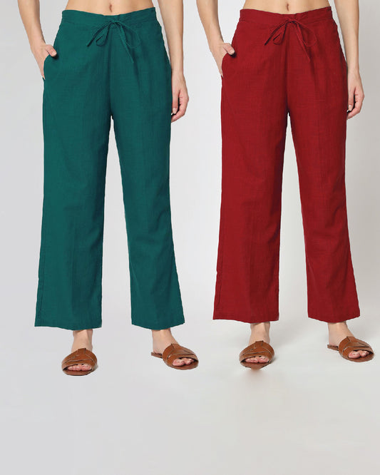 Combo: Deep Teal & Classic Red Straight Pants- Set of 2