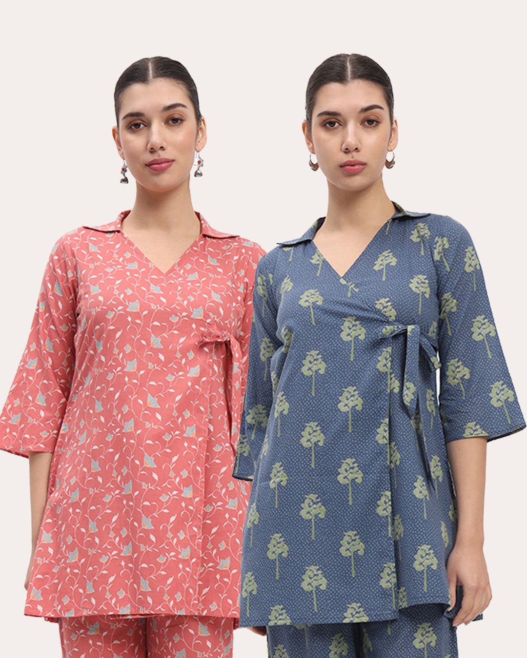 Combo: English Floral Garden & Maple Leaf Collar Neck Angrakha Printed Kurta (Without Bottoms)