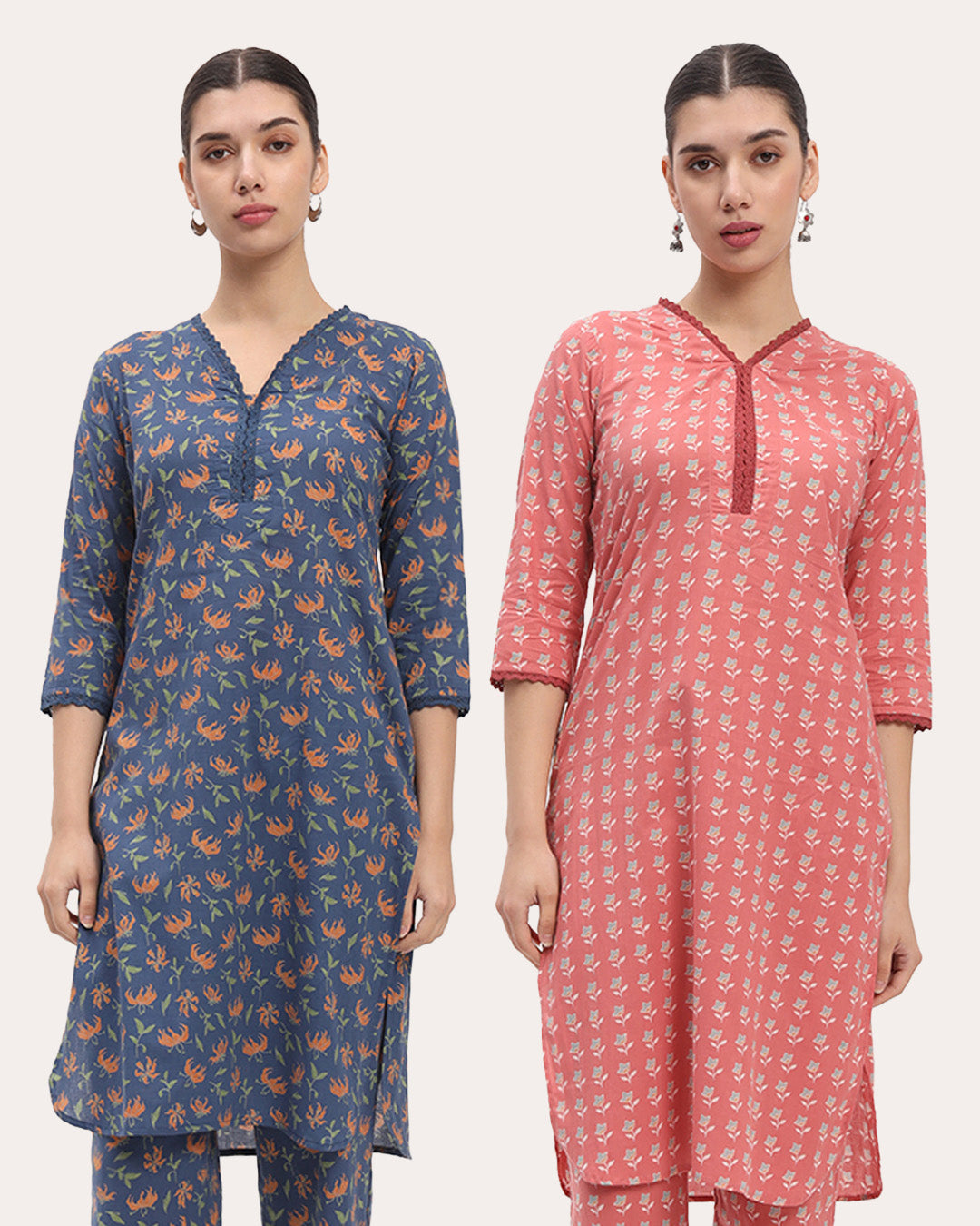Combo: Fire Lillies & English Floral Garden Lace Affair Printed Kurta (Without Bottoms)