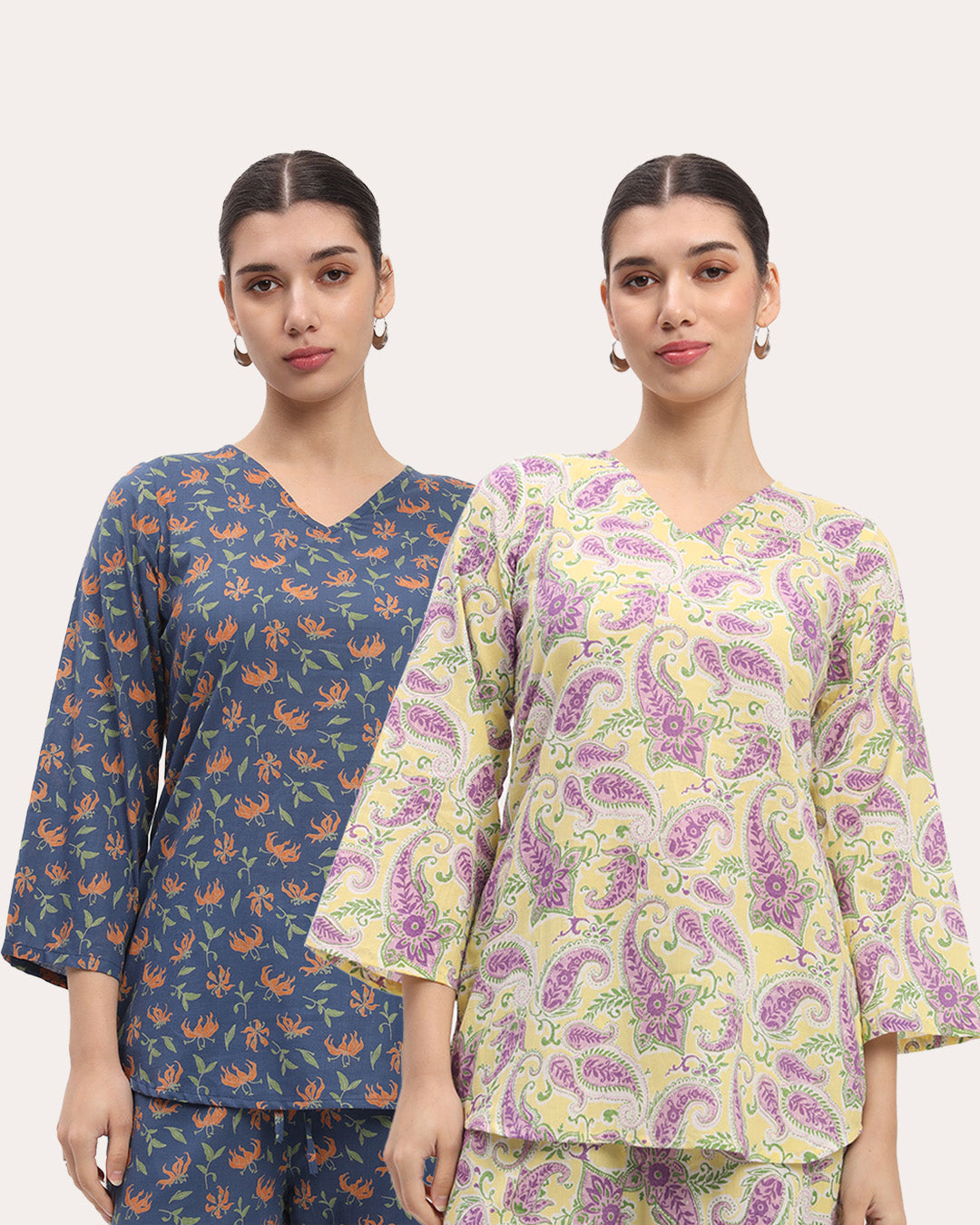 Combo: Fire Lillies & Lavender Paisley V Neck Printed Short Kurta (Without Bottoms)