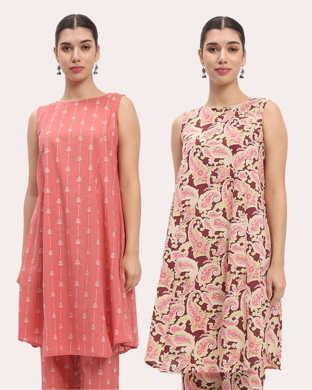 Combo: English Floral Tracks & Rosewood paisley Sleeveless A-Line Printed Kurta (Without Bottoms)