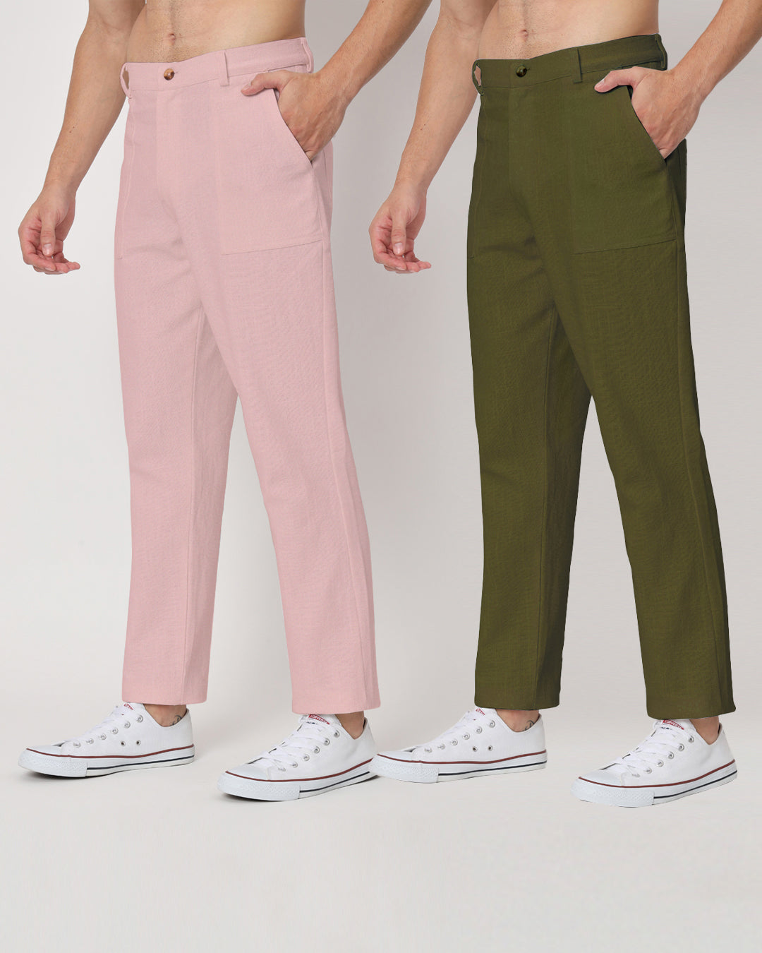 Combo : Comfy Ease Fondant Pink & Olive Green Men's Pants - Set of 2