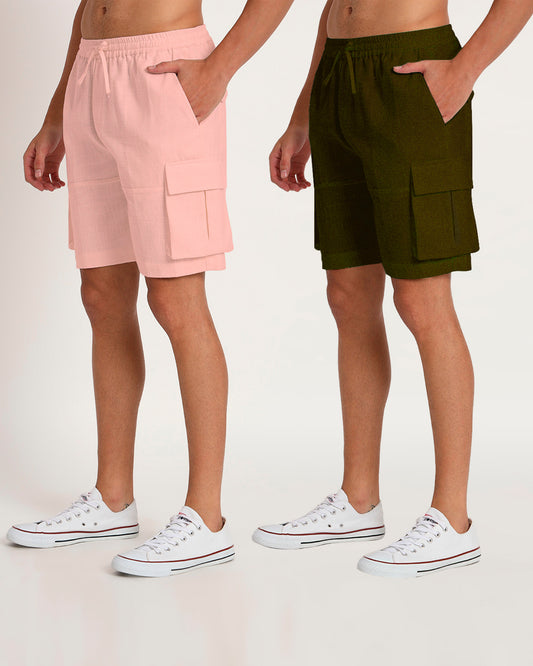 Combo : Slub Comfort Cargo Fondant Pink & Olive Green Men's Shorts