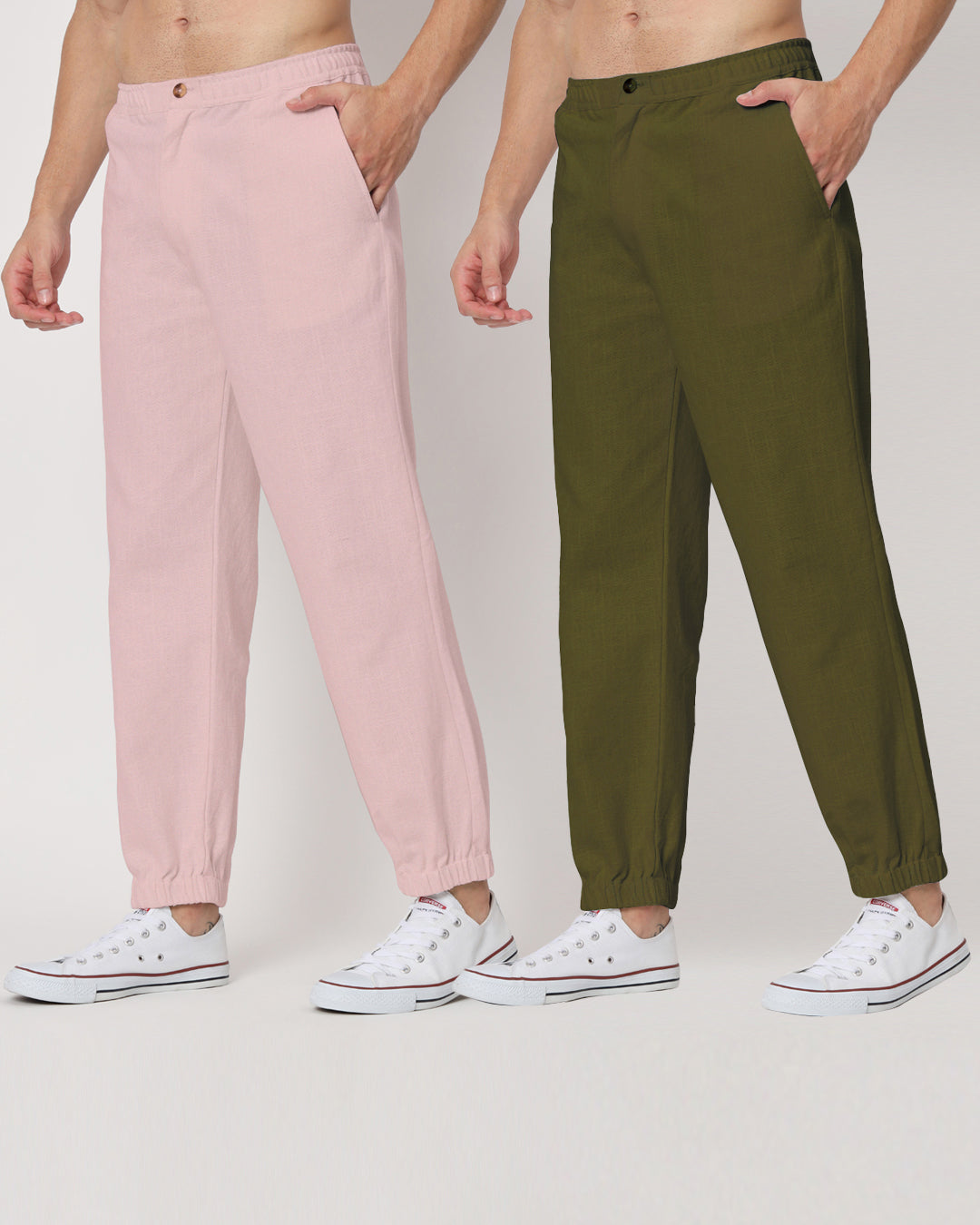 Combo: Olive Green & Fondant Pink Jog Men's Pants - Set of 2
