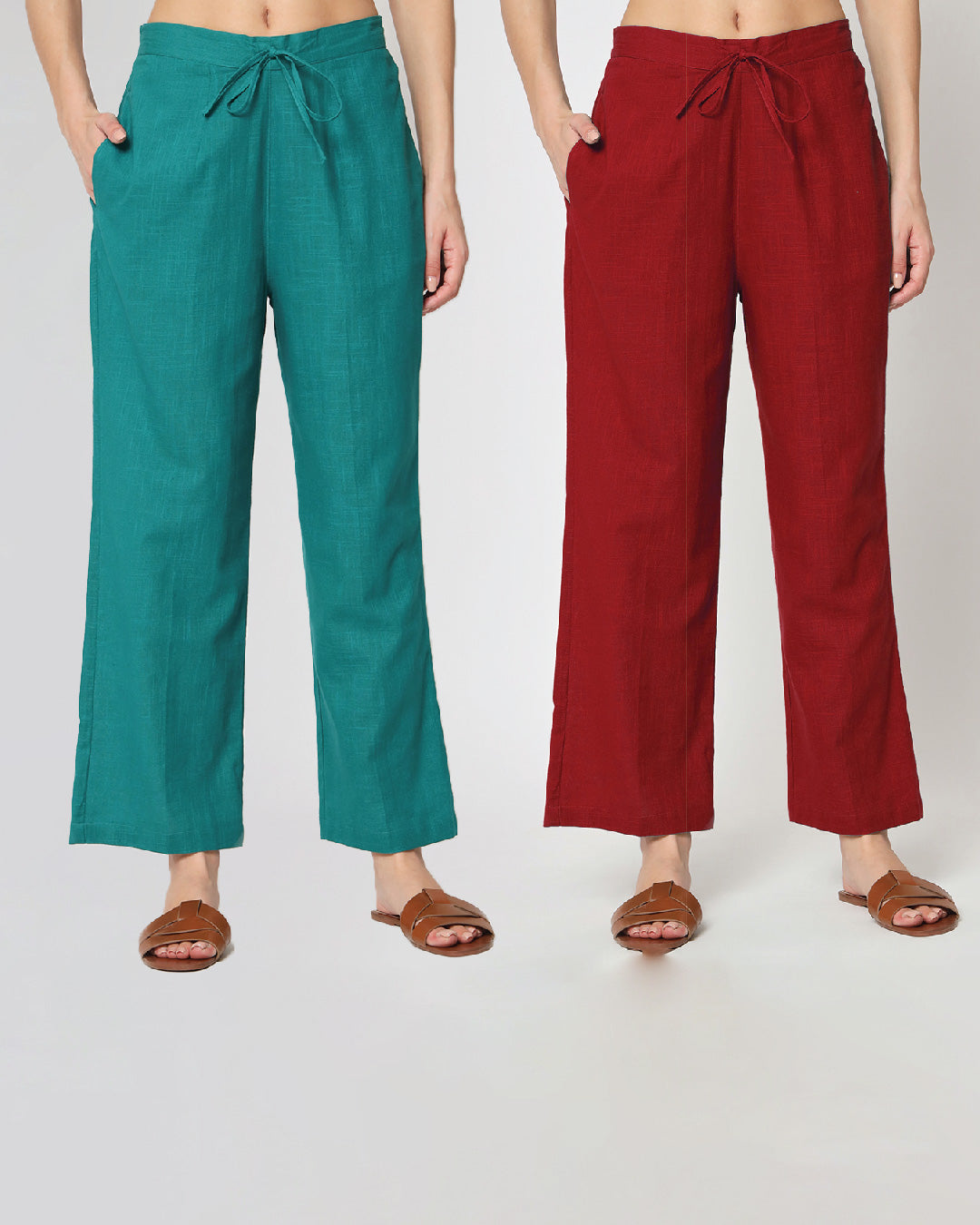 Combo: Forest Green & Classic Red Straight Pants- Set of 2