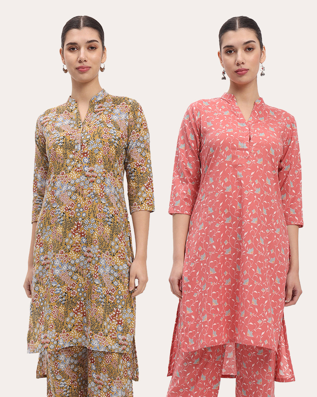 Combo: Golden Blossom & English Floral Garden High-Low Printed Kurta (Without Bottoms)