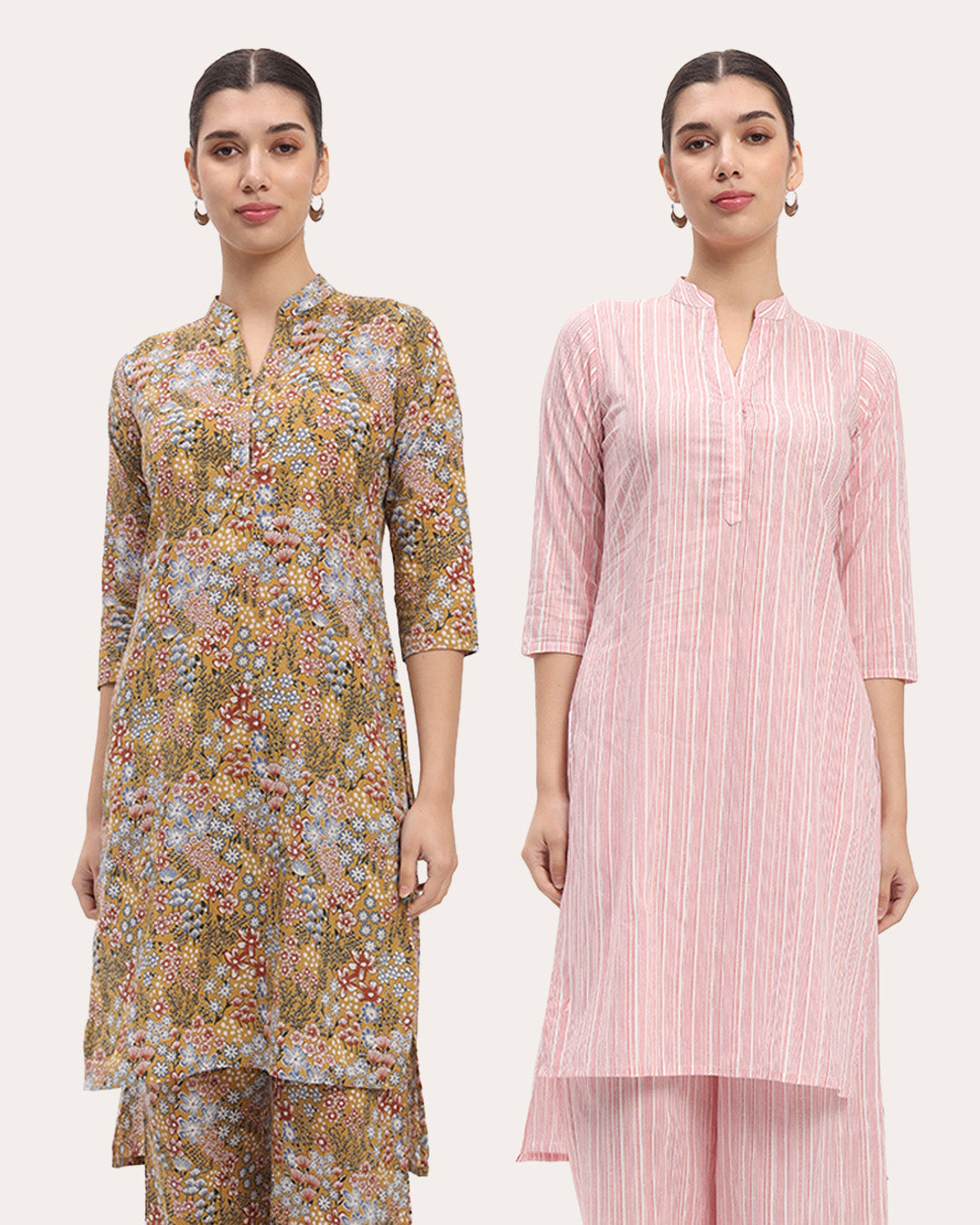 Combo: Golden Blossom & Pink Chic Lines High-Low Printed Kurta (Without Bottoms)