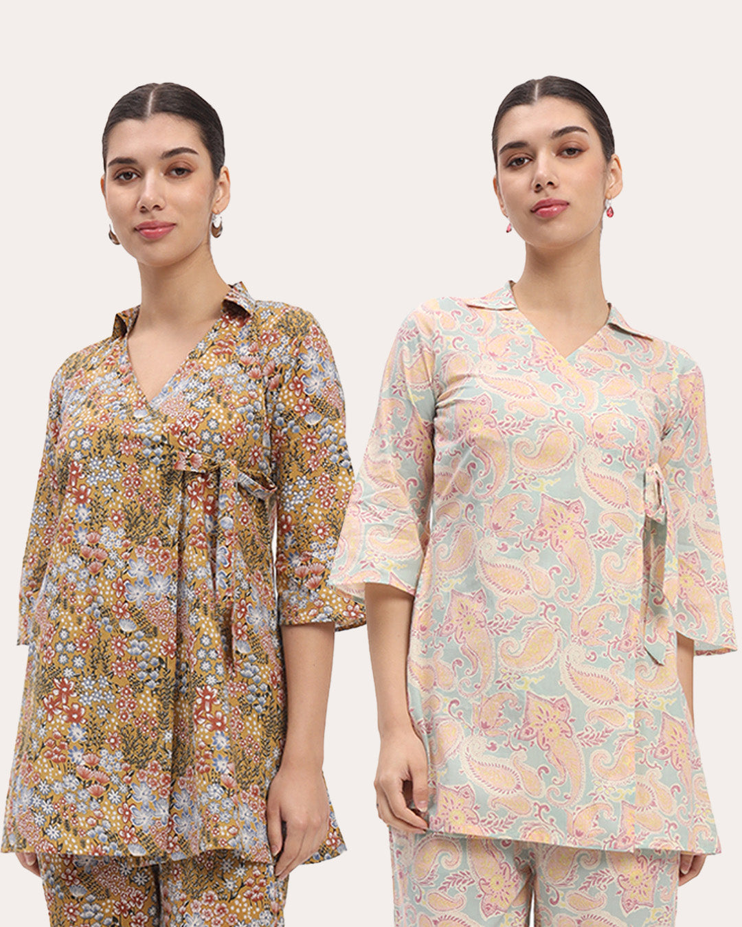 Combo: Golden Blossom & Blue Tiffany Collar Neck Angrakha Printed Kurta (Without Bottoms)