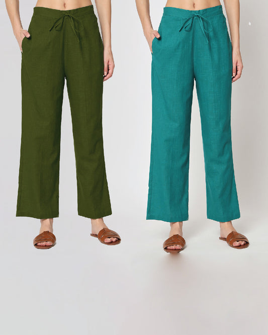 Combo: Greening Spring & Forest Green Straight Pants- Set of 2