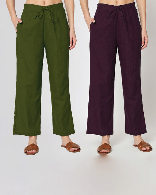 Combo: Greening Spring & Plum Passion Straight Pants- Set of 2